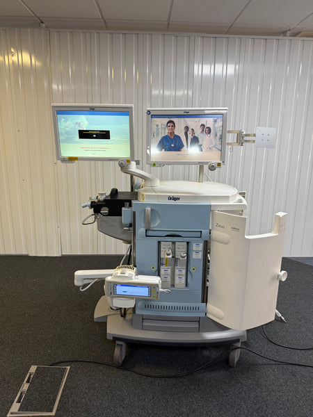 Front view of Zeus IE system with ventilator and fresh gas delivery panel