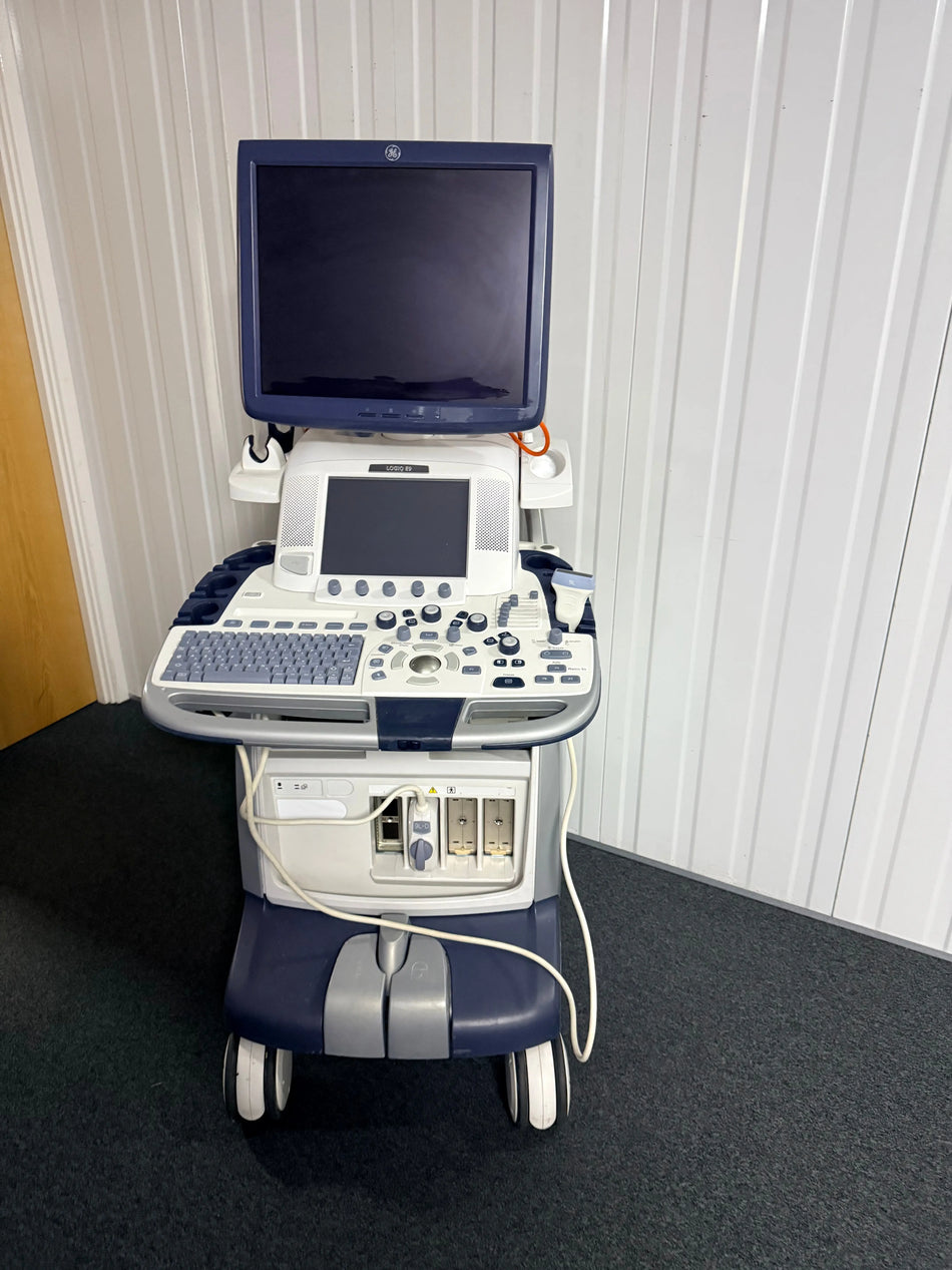 GE Logiq E9 Flat Screen Ultrasound Scanner Model 5205000-2 (2009) with Transducer (2014) SelfiMed UK