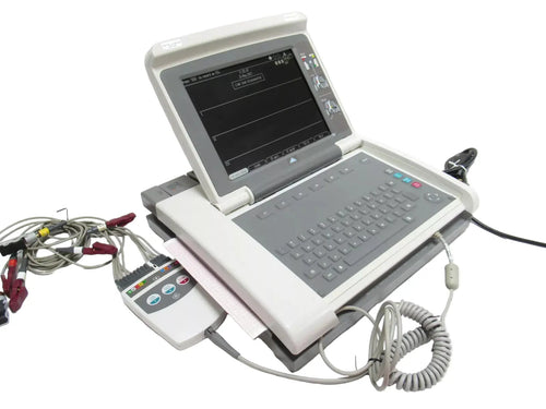 Portable medical device with screen and control panel on a white surface
