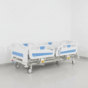 A white and light blue adjustable hospital bed with wheels, shown in a clean, minimalist white room setting.