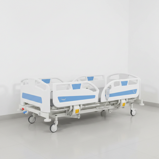 A white and light blue adjustable hospital bed with wheels, shown in a clean, minimalist white room setting.