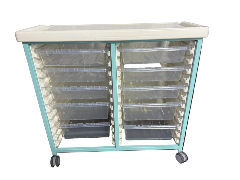 Hospital-grade trolley with two columns and wheels