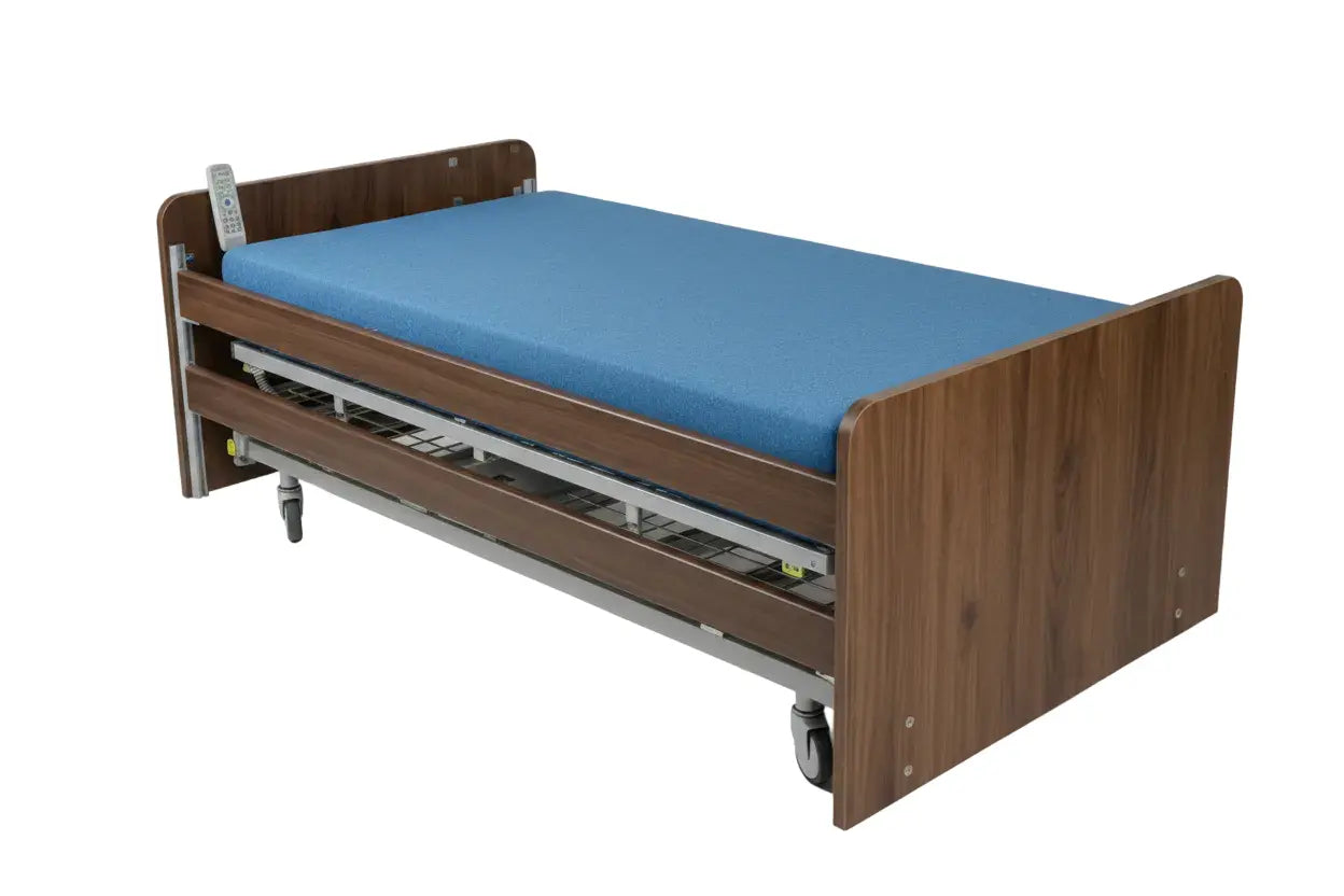 Electric Profiling Care Home Bed with Walnut Wood Headboards with Hospital Bed Mattress Hospital Bed SelfiMed UK