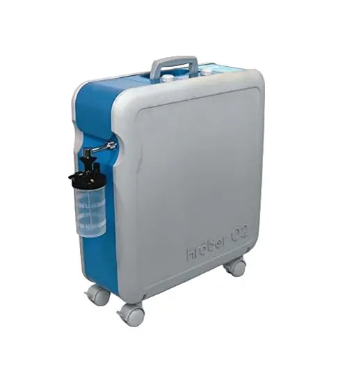 Blue and gray Krober O2 Oxygen Concentrator on a white background