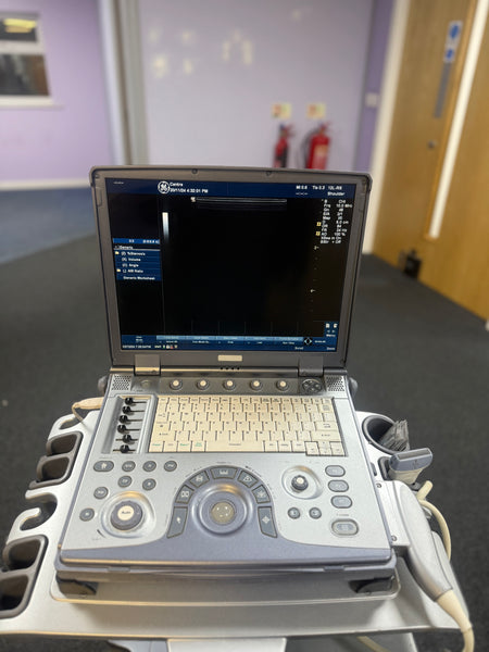 Portable Logiq e ultrasound in a clinical setting.