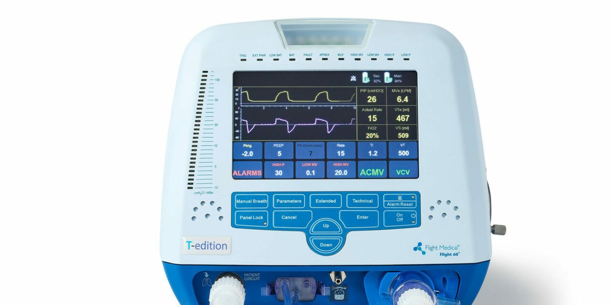 Flight 60 Ventilator displaying waveforms for real-time monitoring.