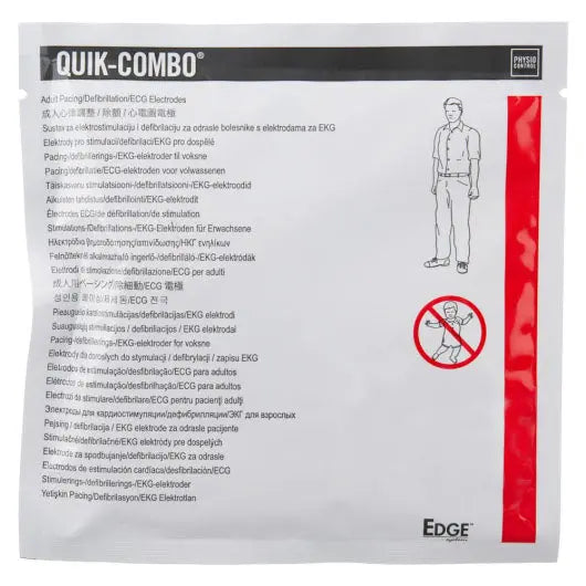 Package of QUIK-COMBO defibrillator ECG electrodes with text and a diagram on a white background.