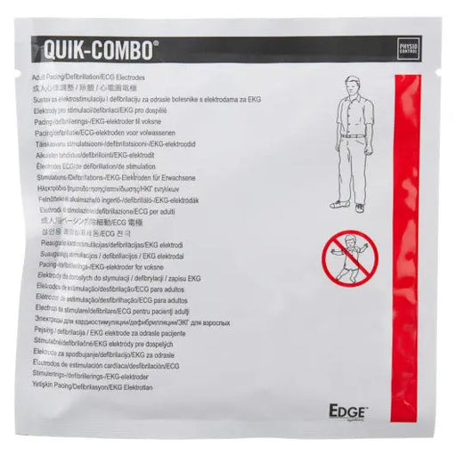 Package of QUIK-COMBO defibrillator ECG electrodes with text and a diagram on a white background.