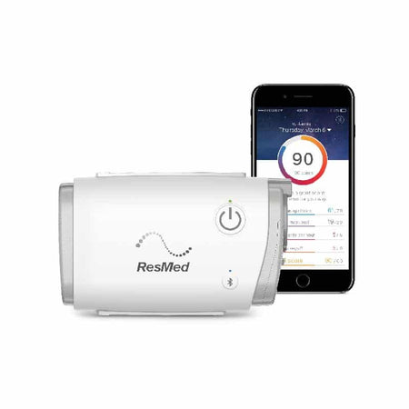 ResMed device with smartphone displaying app interface on a white background