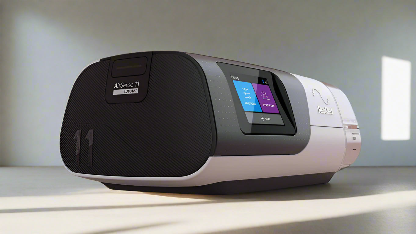 Resmed Airsense 11 device with a screen on a beige background