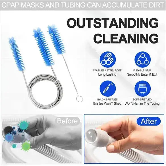 Cleaning brush set for CPAP masks and tubing with text about cleaning effectiveness.