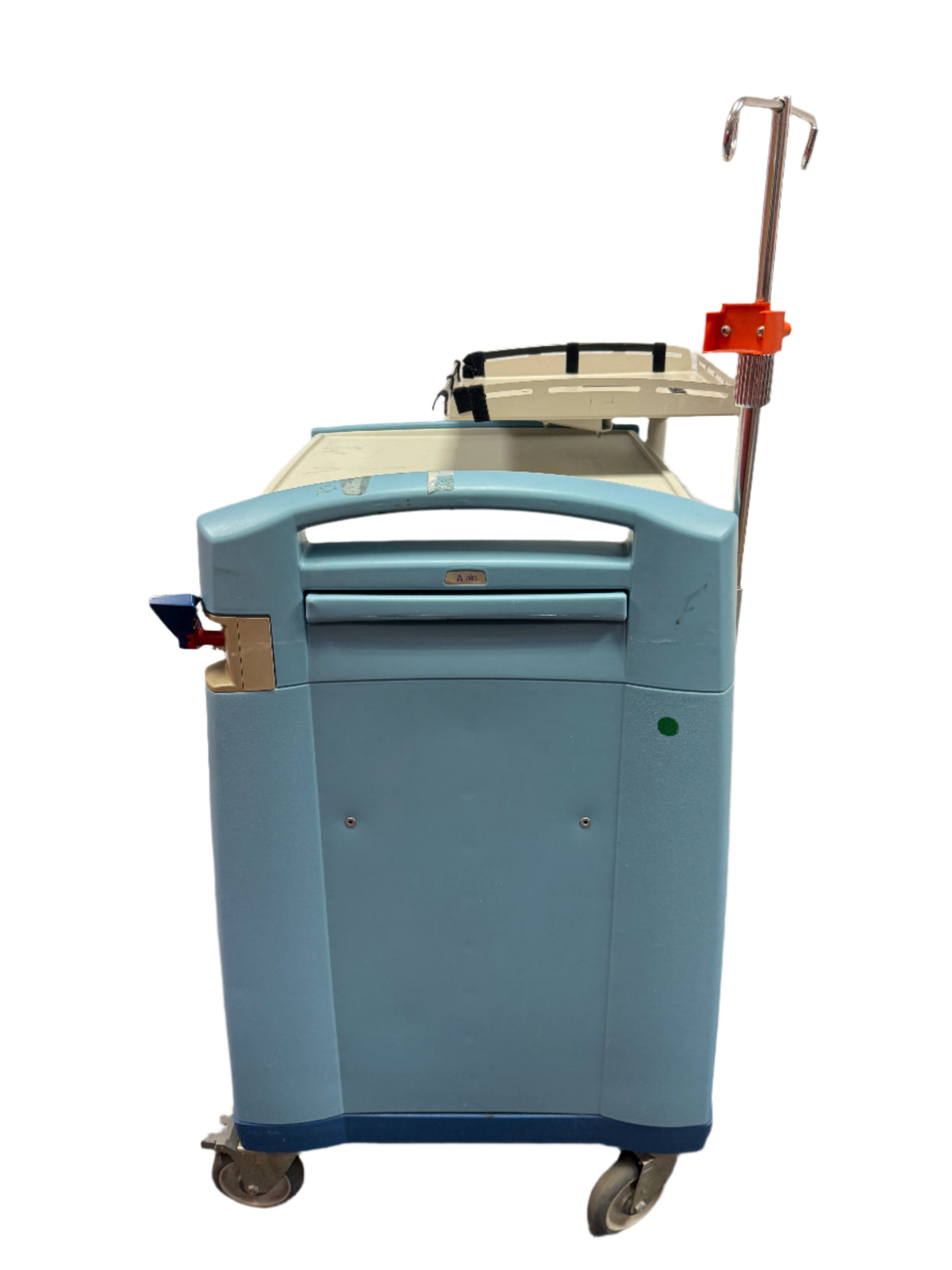 Side view of Avalo emergency trolley with IV pole and defibrillator shelf