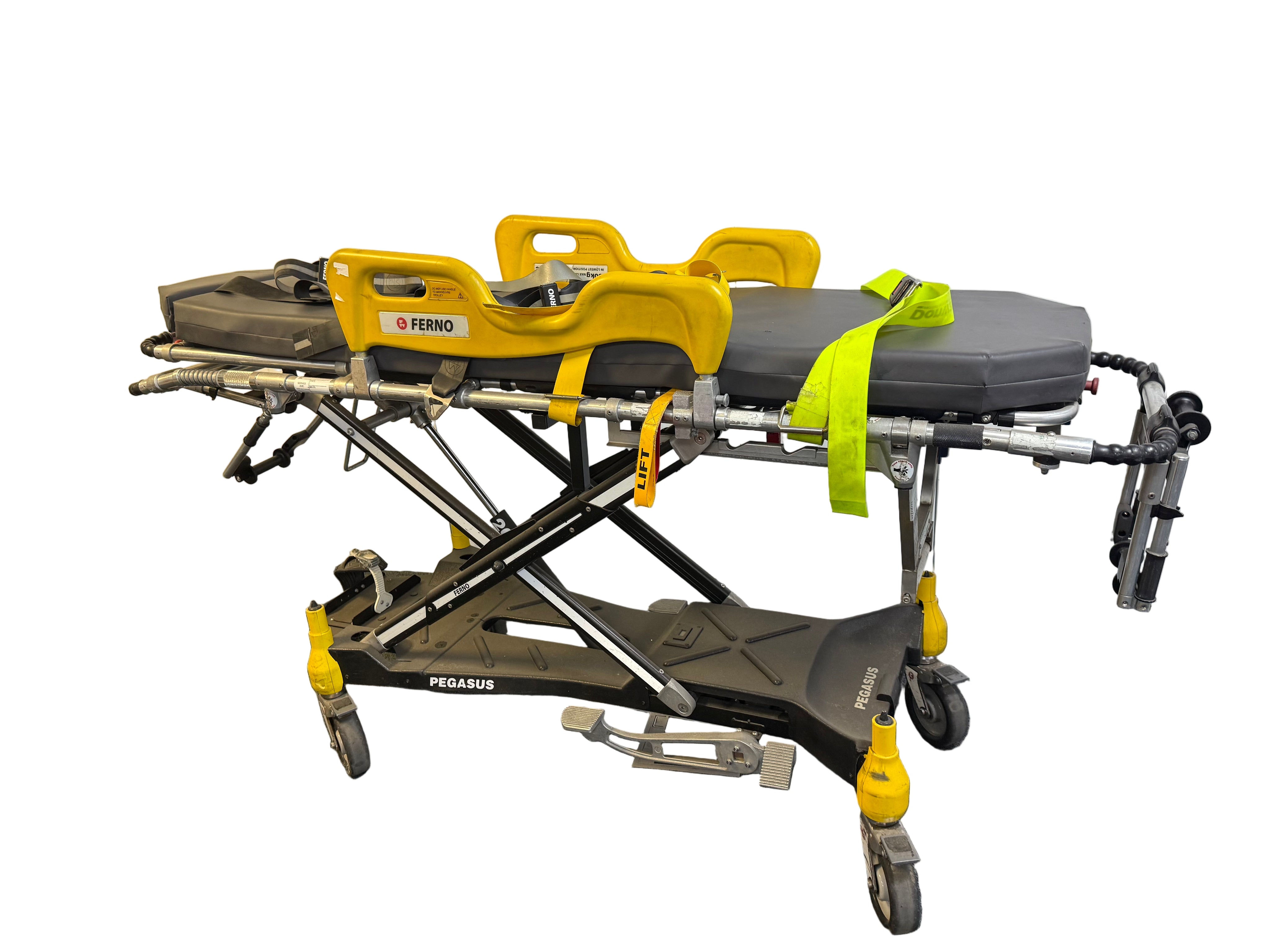 Side view of Ferno Pegasus stretcher showing folding head and foot ends