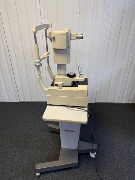 Side view of Reichert air-puff tonometer setup