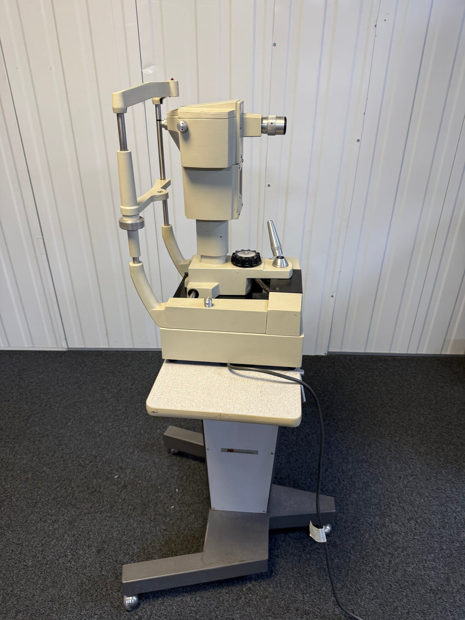 Side view of Reichert air-puff tonometer setup