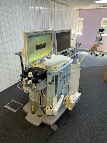 Side view of Zeus IE system with ventilator and fresh gas delivery panel
