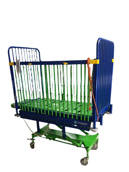 Electric infant cot showing sturdy frame and components