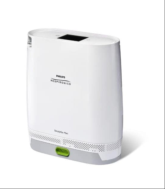 Lightweight SimplyGo Mini Oxygen Concentrator with standard battery for portability.