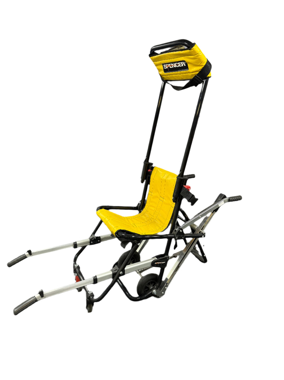 Spencer Skid evacuation chair descending stairs using passive caterpillar belt