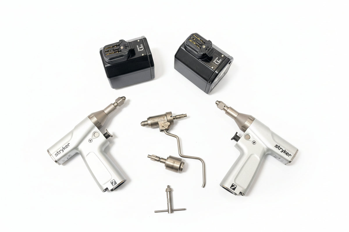 Set of Two Stryker System 7 Sagittal Saw Handpiece with Stryker 6203-210-000 AO Large Reamer, Stryker System 7 Dual Trigger Pin Collet - Ref. 7203-126-000 and Two Stryker System 7 Aseptic Battery Housing - Ref. 7126-120-000 SelfiMed UK