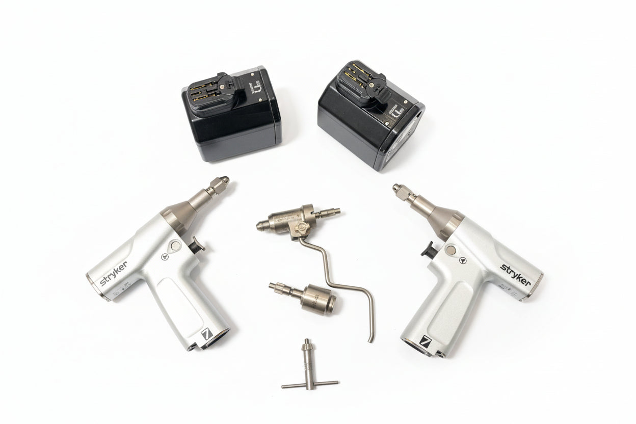 Set of Two Stryker System 7 Sagittal Saw Handpiece with Stryker 6203-210-000 AO Large Reamer, Stryker System 7 Dual Trigger Pin Collet - Ref. 7203-126-000 and Two Stryker System 7 Aseptic Battery Housing - Ref. 7126-120-000 SelfiMed UK