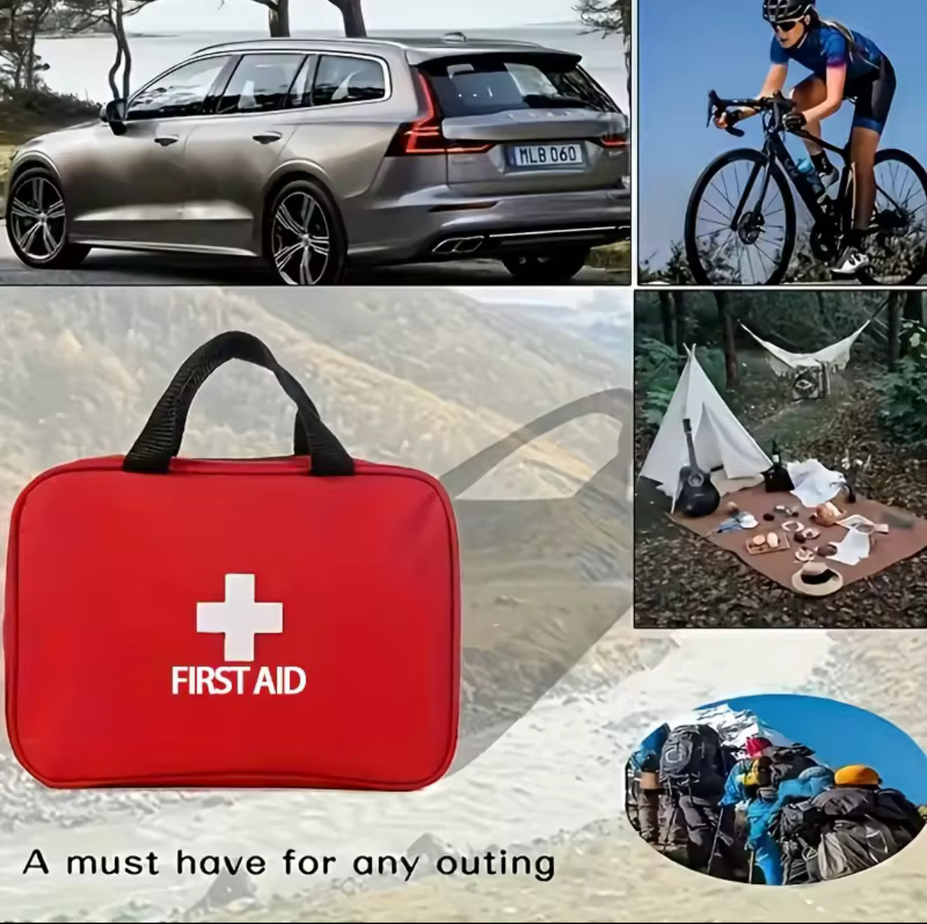 Collage of a car, cyclist, camping setup, and first aid kit with text 'A must have for any outing'.