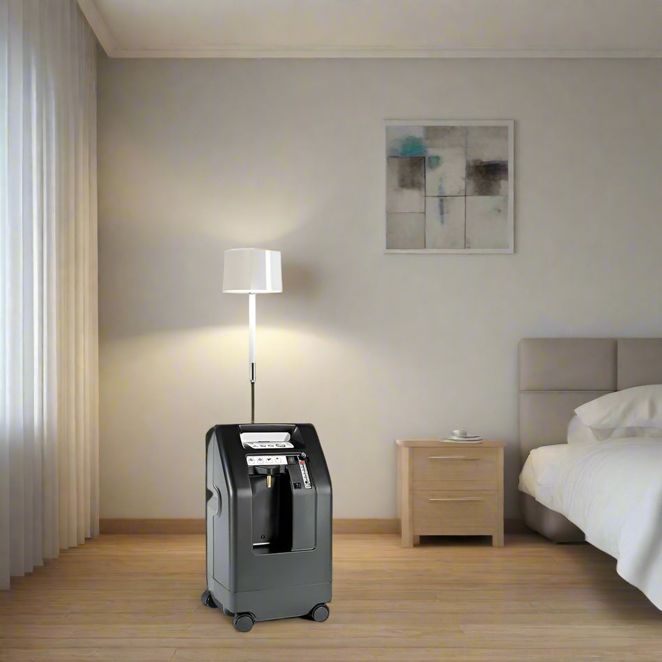 USA-made DeVilbiss 525DS home oxygen concentrator 5 LPM in a modern living room 