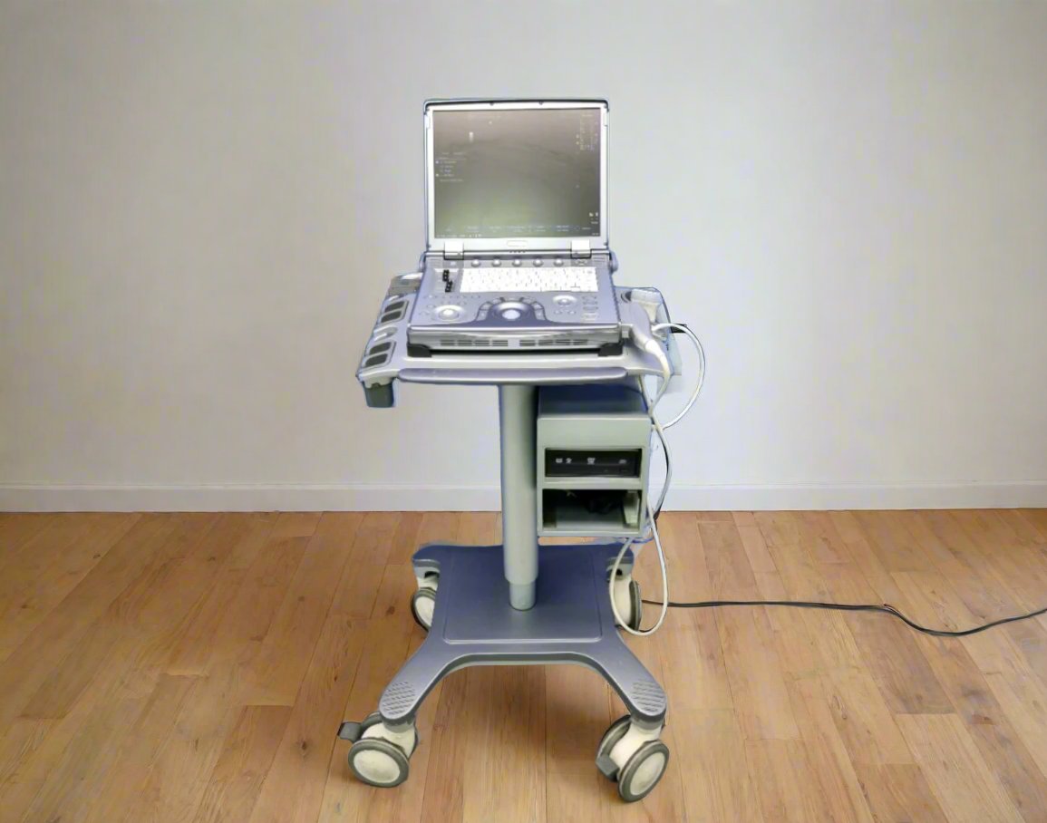 GE Logiq e portable ultrasound machine with probe in use for medical diagnostics in a healthcare setting, supplied by SelfiMed