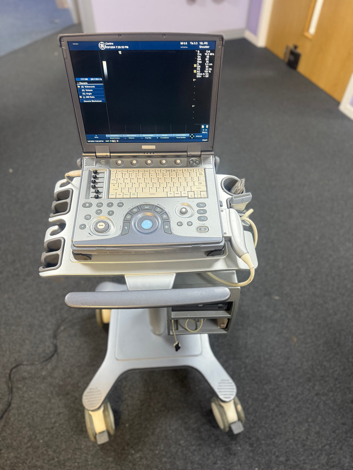 Versatile Logiq e ultrasound machine in use by a healthcare professional.