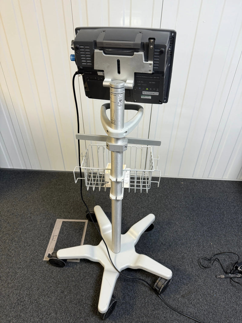 Back view of Vivo 60 life-support ventilator with protective cover and rollstand