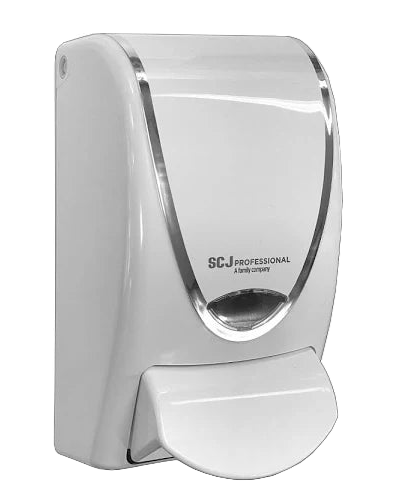 White SCJP 1L washroom dispenser with chrome strip