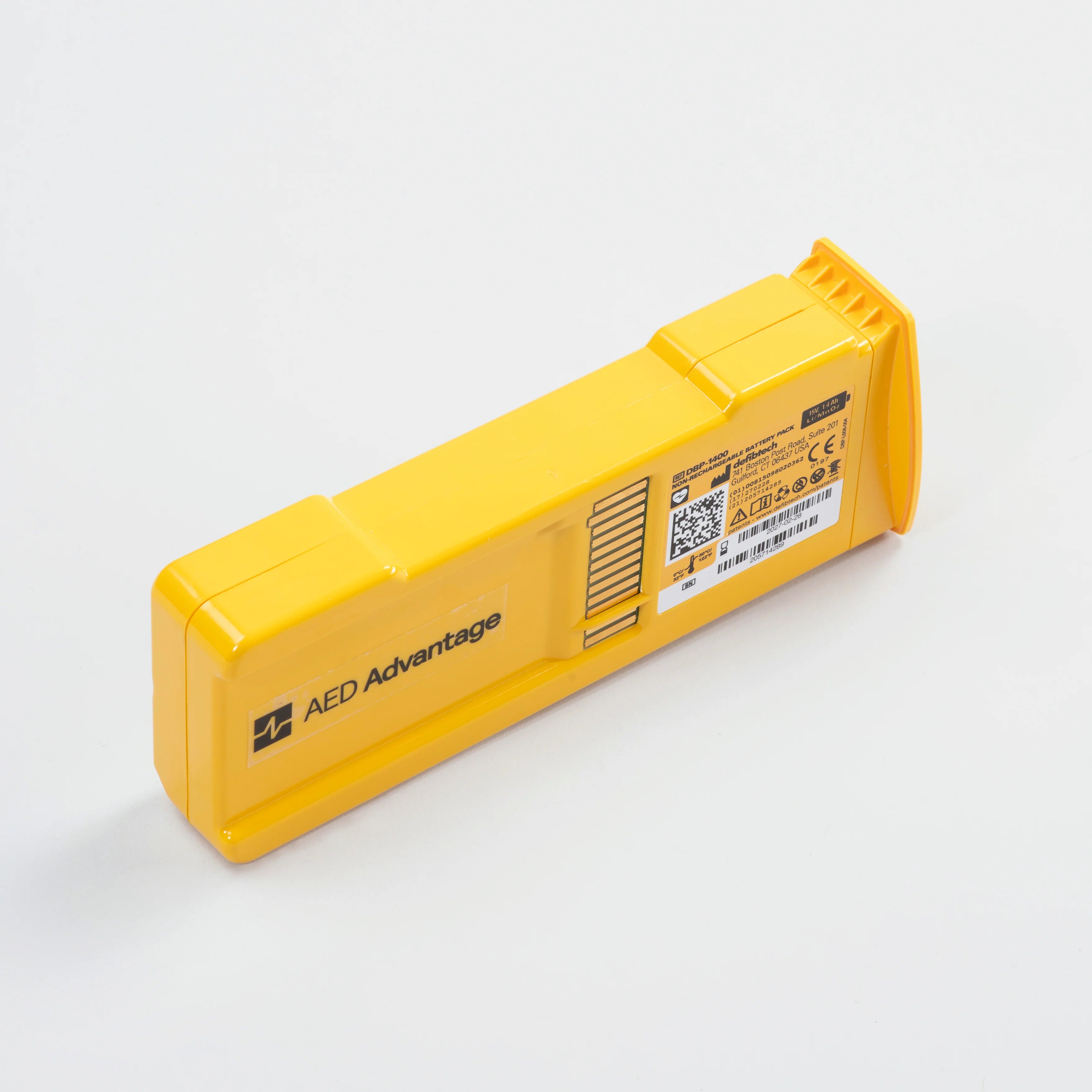 Yellow Defibtech Auto battery pack in sealed packaging