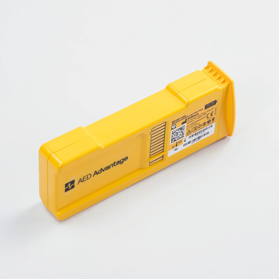 Yellow Defibtech Auto battery pack in sealed packaging