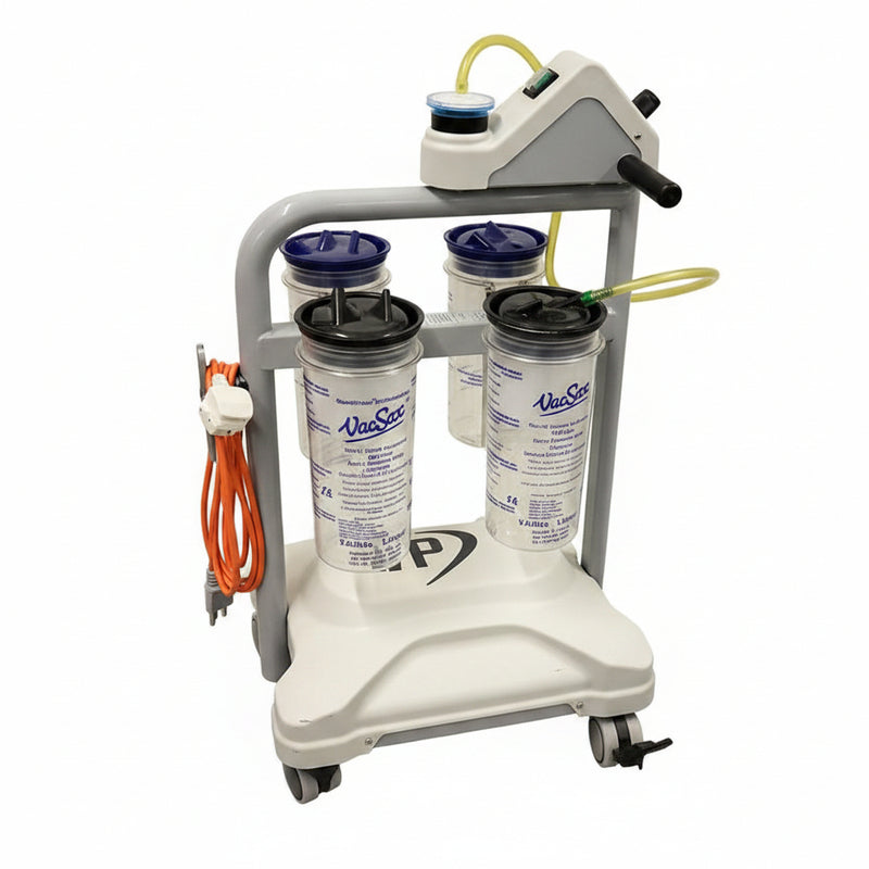 A medical oxygen concentrator cart with four clear canisters, blue caps, a gray frame, and an orange power cord, photographed against a white brick wall.