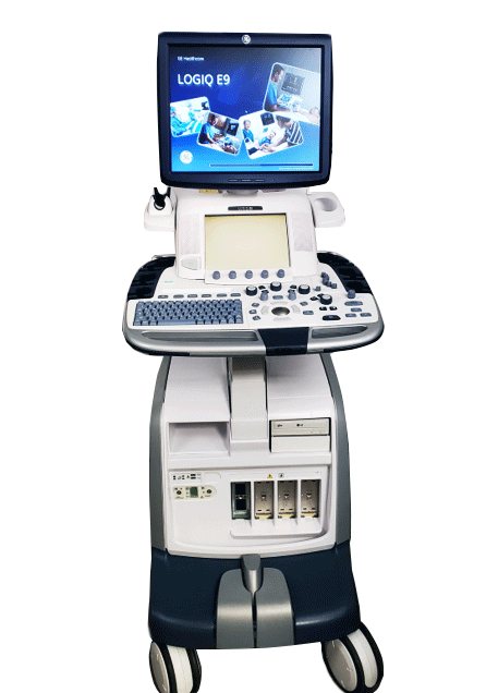 GE Logiq E9 Flat Screen Ultrasound Scanner Model 5205000-2 (2009) with Transducer (2014) SelfiMed UK