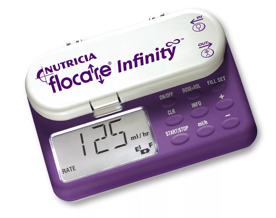 Purple and white medical device with digital display and buttons, branded 'Nutricia flocate Infinity'.